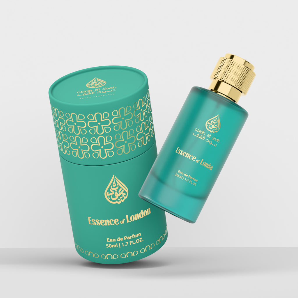 Teal perfume bottle and packaging with gold accents on a light gray background