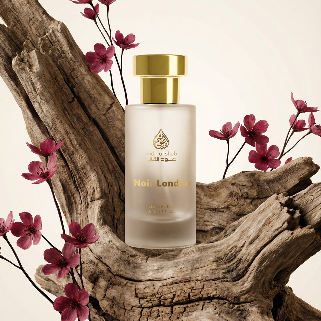 Perfume bottle with gold cap on a wooden log with pink flowers