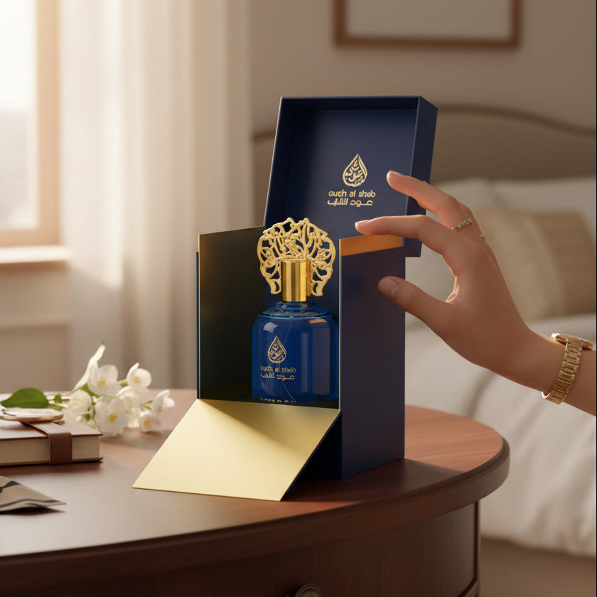 Blue perfume bottle with gold cap in a decorative box on a wooden table.